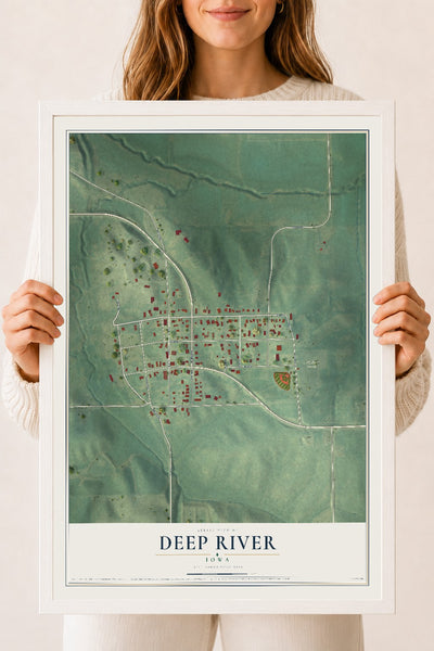 Map of Deep River, Iowa, 18 x 24 inch print in a white wood frame