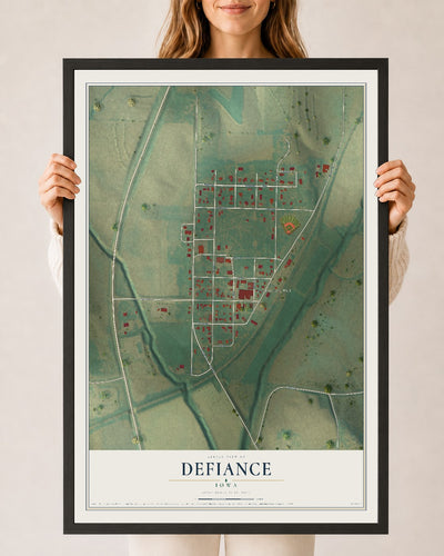 Map of Defiance, Iowa, 24 x 36 inch print in a black wood frame