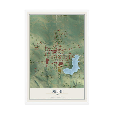Map of Delhi, Iowa, 12 x 18 inch print in a white wood frame