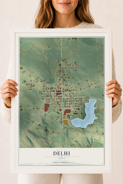 Map of Delhi, Iowa, 18 x 24 inch print in a white wood frame