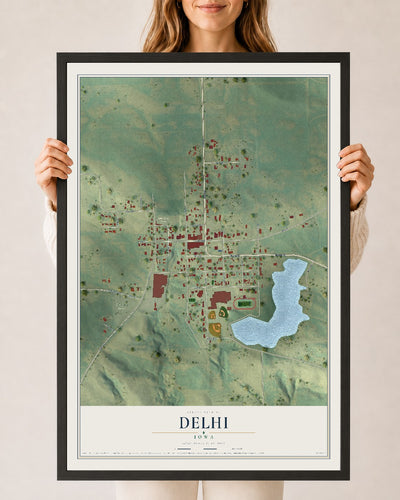 Map of Delhi, Iowa, 24 x 36 inch print in a black wood frame