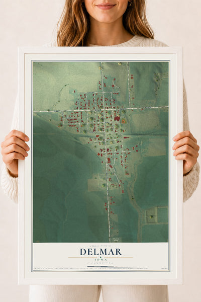 Map of Delmar, Iowa, 18 x 24 inch print in a white wood frame