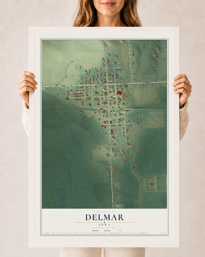 Map of Delmar, Iowa, 24 x 36 inch print in a white wood frame