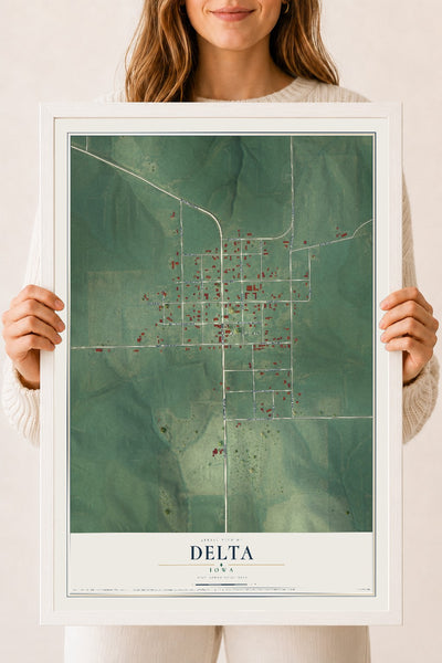 Map of Delta, Iowa, 18 x 24 inch print in a white wood frame
