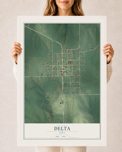 Map of Delta, Iowa, 24 x 36 inch print in a white wood frame