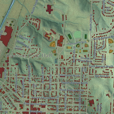 Close-up of the map of Denison, Iowa print showing street and building detail
