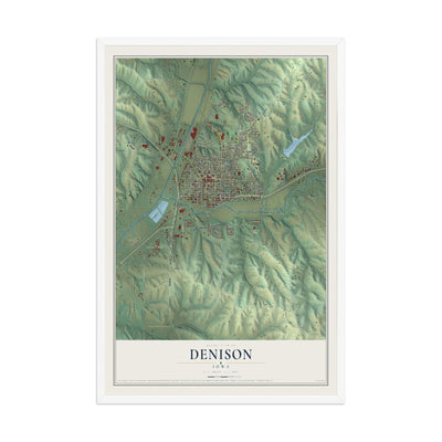 Map of Denison, Iowa, 12 x 18 inch print in a white wood frame