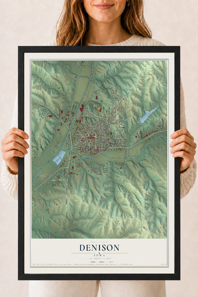 Map of Denison, Iowa, 18 x 24 inch print in a black wood frame
