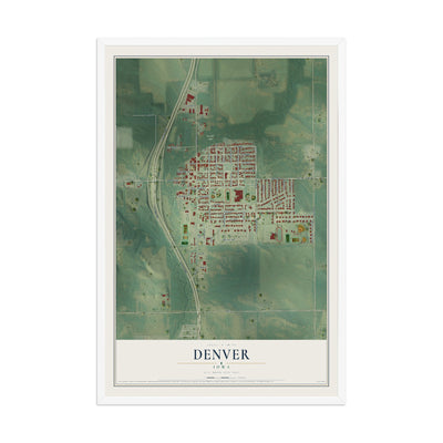 Map of Denver, Iowa, 12 x 18 inch print in a white wood frame