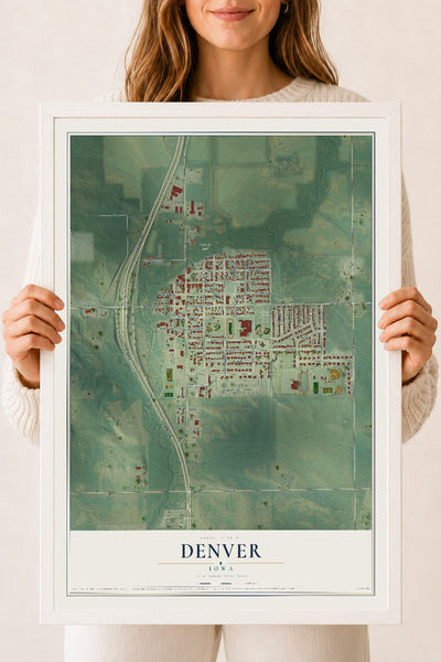 Map of Denver, Iowa, 18 x 24 inch print in a white wood frame