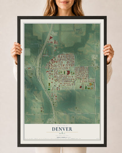 Map of Denver, Iowa, 24 x 36 inch print in a black wood frame