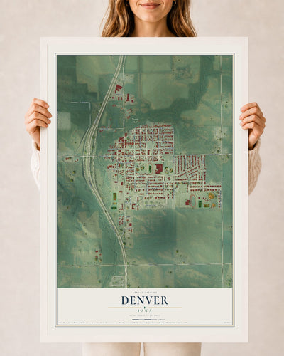 Map of Denver, Iowa, 24 x 36 inch print in a white wood frame
