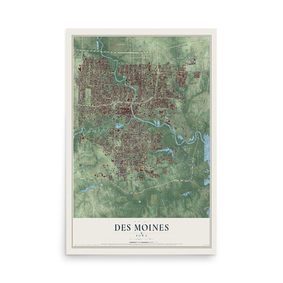Map of Des Moines, Iowa, 12 x 18 inch unframed archival matte print
