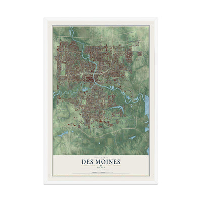 Map of Des Moines, Iowa, 12 x 18 inch print in a white wood frame