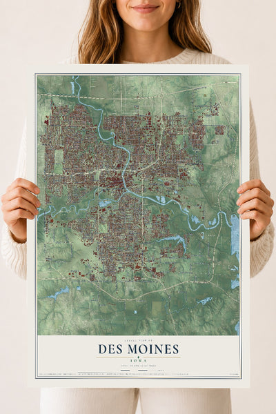 Map of Des Moines, Iowa, 18 x 24 inch unframed archival matte print