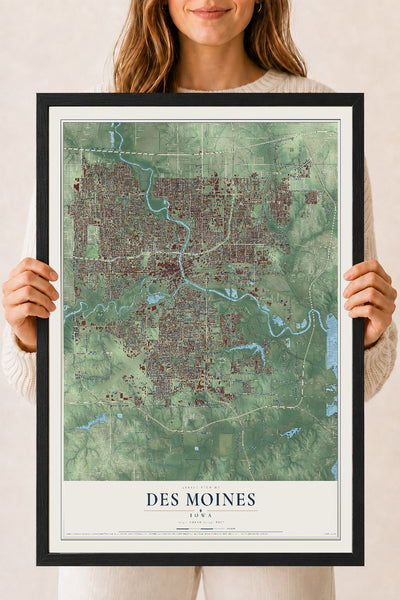 Map of Des Moines, Iowa, 18 x 24 inch print in a black wood frame