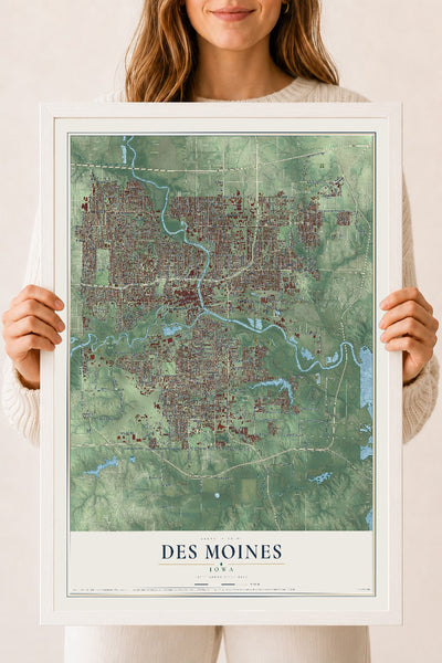 Map of Des Moines, Iowa, 18 x 24 inch print in a white wood frame