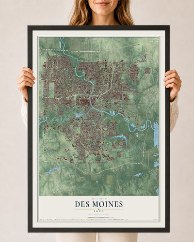 Map of Des Moines, Iowa, 24 x 36 inch print in a black wood frame