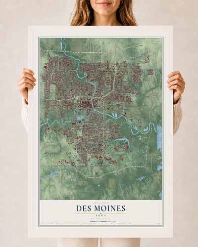 Map of Des Moines, Iowa, 24 x 36 inch print in a white wood frame