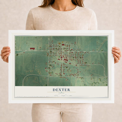 Map of Dexter, Iowa, 12 x 18 inch print in a white wood frame