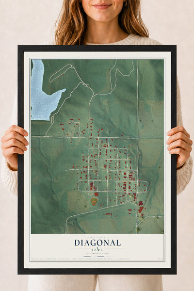 Map of Diagonal, Iowa, 18 x 24 inch print in a black wood frame