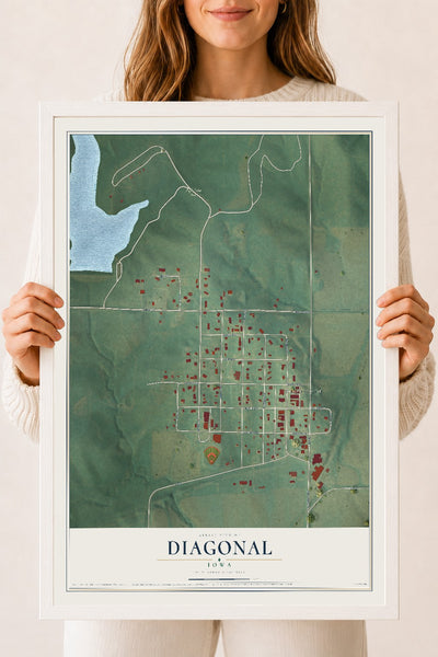 Map of Diagonal, Iowa, 18 x 24 inch print in a white wood frame