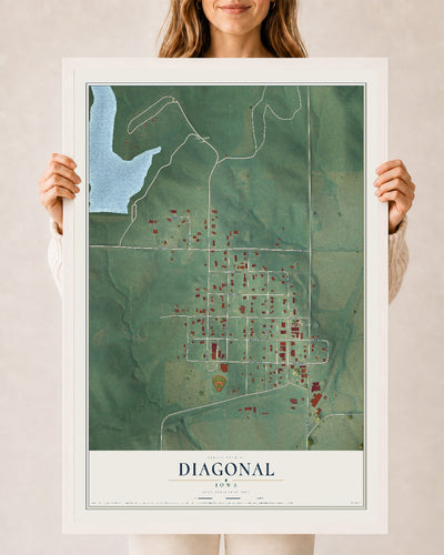 Map of Diagonal, Iowa, 24 x 36 inch print in a white wood frame
