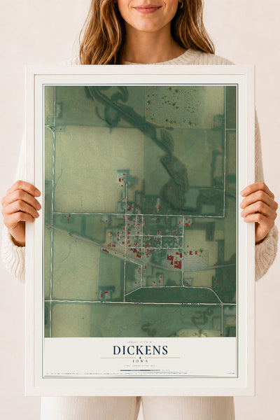 Map of Dickens, Iowa, 18 x 24 inch print in a white wood frame
