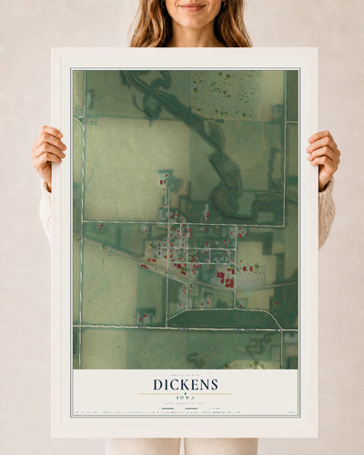 Map of Dickens, Iowa, 24 x 36 inch print in a white wood frame