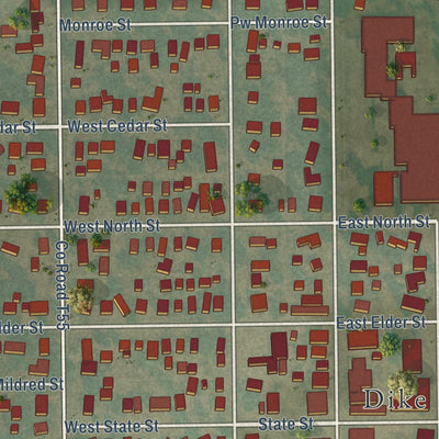 Close-up of the map of Dike, Iowa print showing street and building detail