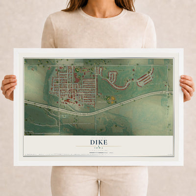 Map of Dike, Iowa, 12 x 18 inch print in a white wood frame