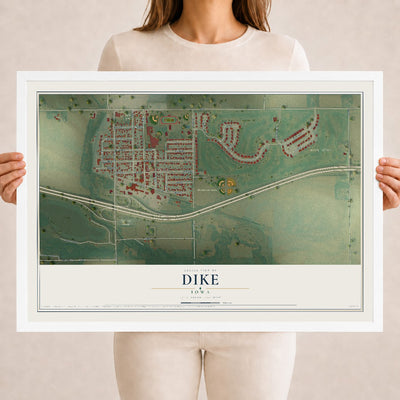 Map of Dike, Iowa, 18 x 24 inch print in a white wood frame