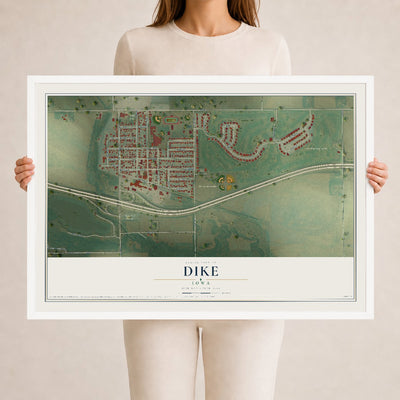 Map of Dike, Iowa, 24 x 36 inch print in a white wood frame