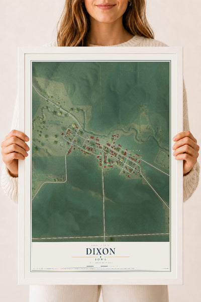 Map of Dixon, Iowa, 18 x 24 inch print in a white wood frame