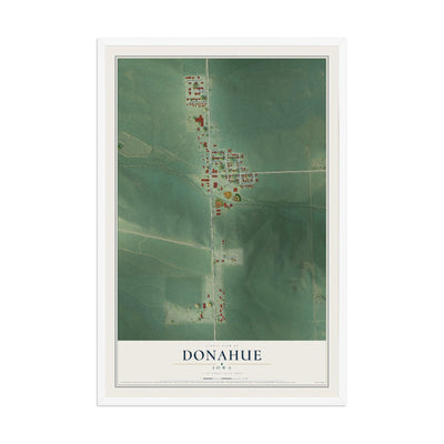 Map of Donahue, Iowa, 12 x 18 inch print in a white wood frame