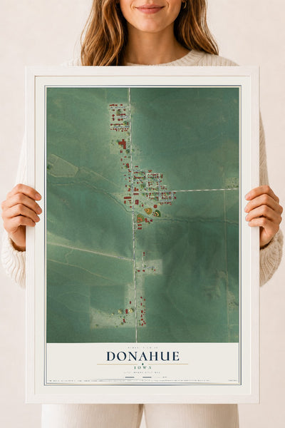 Map of Donahue, Iowa, 18 x 24 inch print in a white wood frame