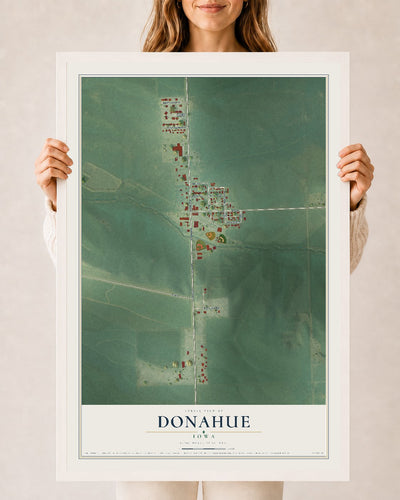 Map of Donahue, Iowa, 24 x 36 inch print in a white wood frame