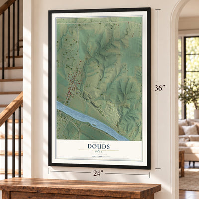 Douds, Iowa map, 24 x 36 inch print in a black frame by a staircase
