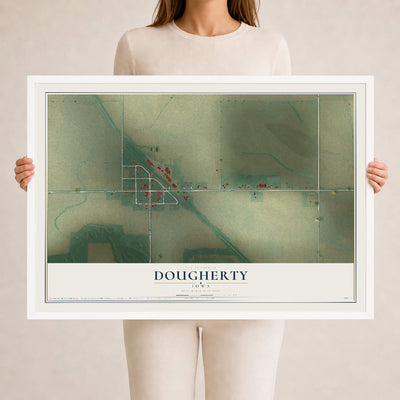 Map of Dougherty, Iowa, 24 x 36 inch print in a white wood frame