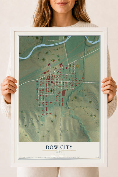 Map of Dow City, Iowa, 18 x 24 inch print in a white wood frame