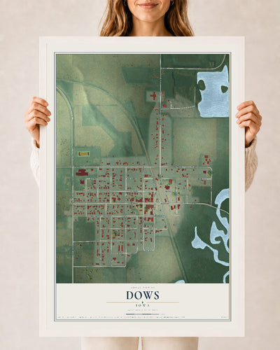 Map of Dows, Iowa, 24 x 36 inch print in a white wood frame