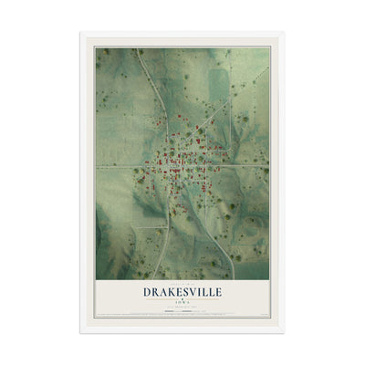 Map of Drakesville, Iowa, 12 x 18 inch print in a white wood frame