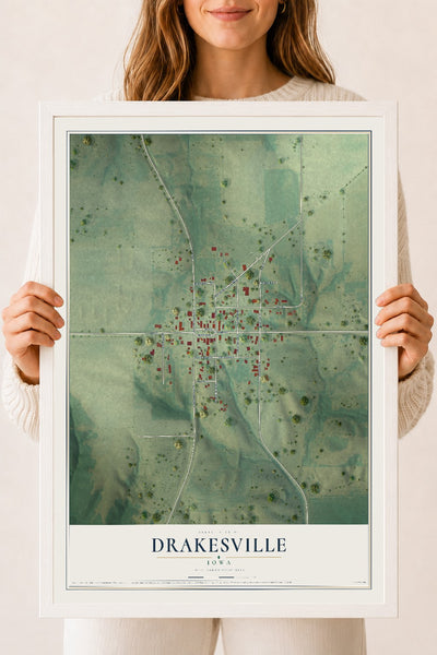 Map of Drakesville, Iowa, 18 x 24 inch print in a white wood frame