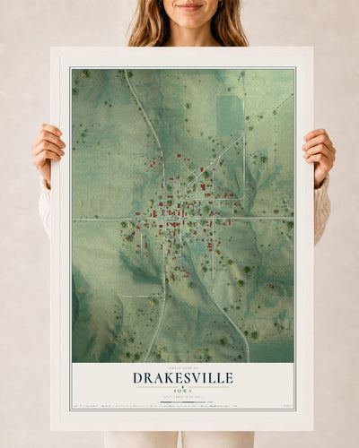 Map of Drakesville, Iowa, 24 x 36 inch print in a white wood frame
