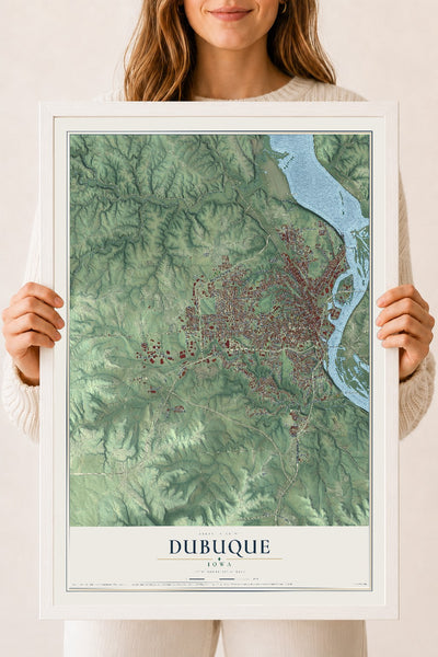 Map of Dubuque, Iowa, 18 x 24 inch print in a white wood frame