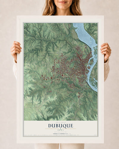 Map of Dubuque, Iowa, 24 x 36 inch print in a white wood frame