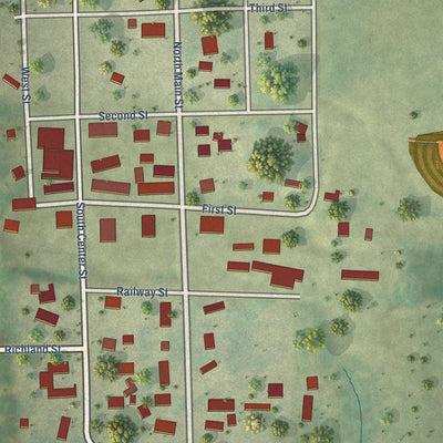 Close-up of the map of Dundee, Iowa print showing street and building detail