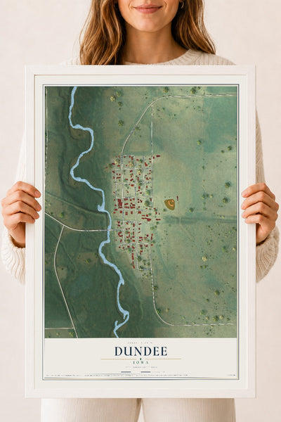 Map of Dundee, Iowa, 18 x 24 inch print in a white wood frame