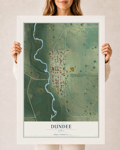 Map of Dundee, Iowa, 24 x 36 inch print in a white wood frame