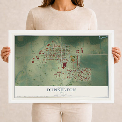 Map of Dunkerton, Iowa, 12 x 18 inch print in a white wood frame